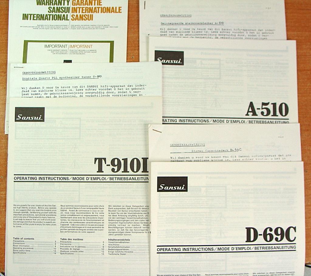Handleidingen voor de SANSUI A-510, T-910D en D-69C, Ophalen, Nieuw, Tuner of Radio, Overige merken
