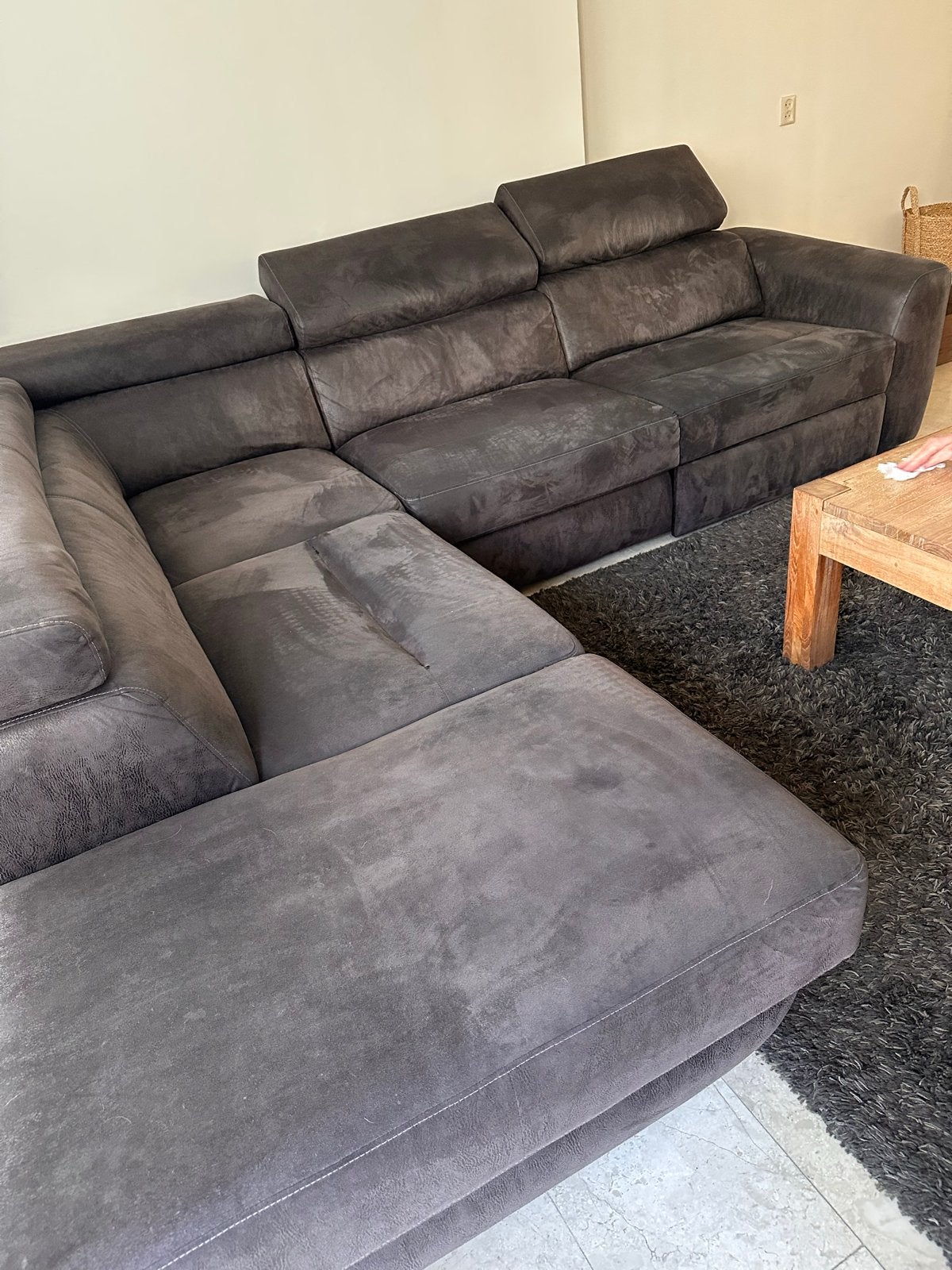 Grote hoekbank met relaxfunctie - Grijs stof, Huis en Inrichting, Banken | Bankstellen, Gebruikt, 100 tot 125 cm, Hoekbank, 300 cm of meer