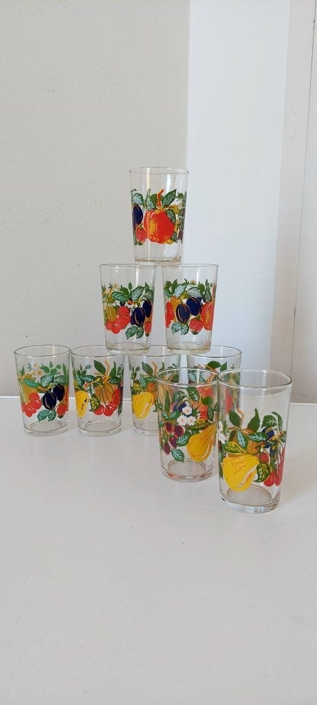 9 vintage fruit glazen jaren 70/80 (VMC Reims / Cerve stijl), Eu, Eu, Overige typen, Ophalen of Verzenden