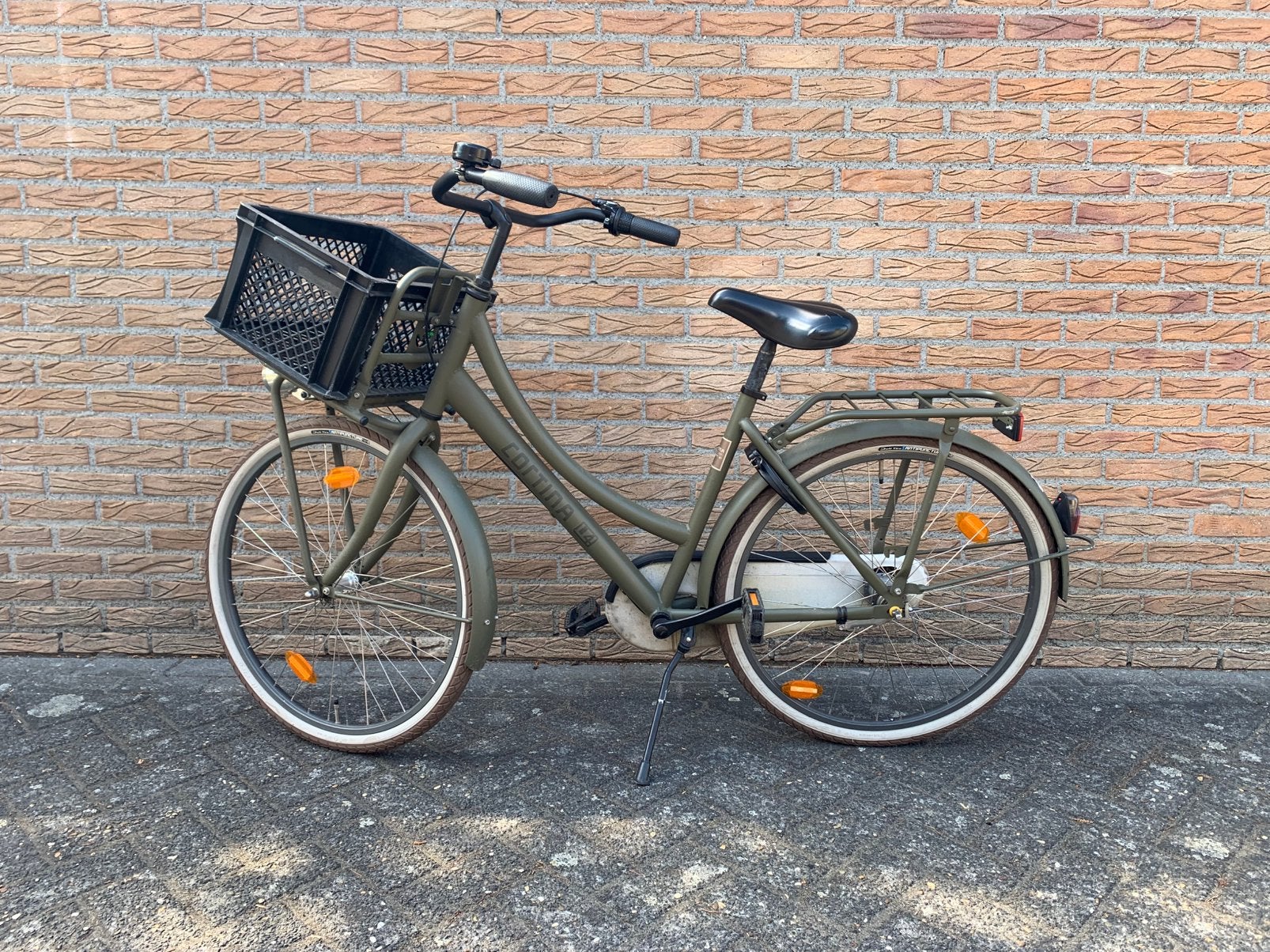 Cortina U4 transportfiets legergroen 26 inch zwarte krat, Ophalen, Terugtraprem, Gebruikt, Versnellingen