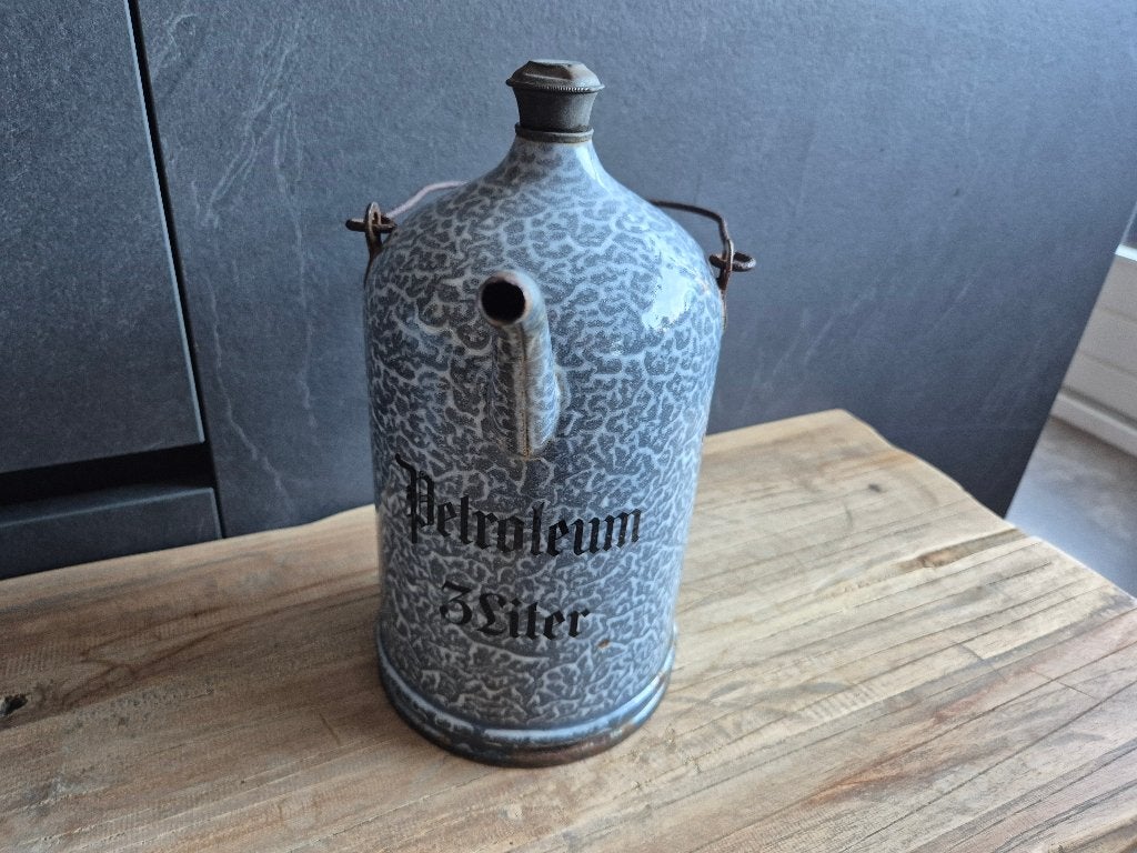 Emaille petroleum kan 3 liter grijs gewolkt, Antiek en Kunst, Ophalen of Verzenden
