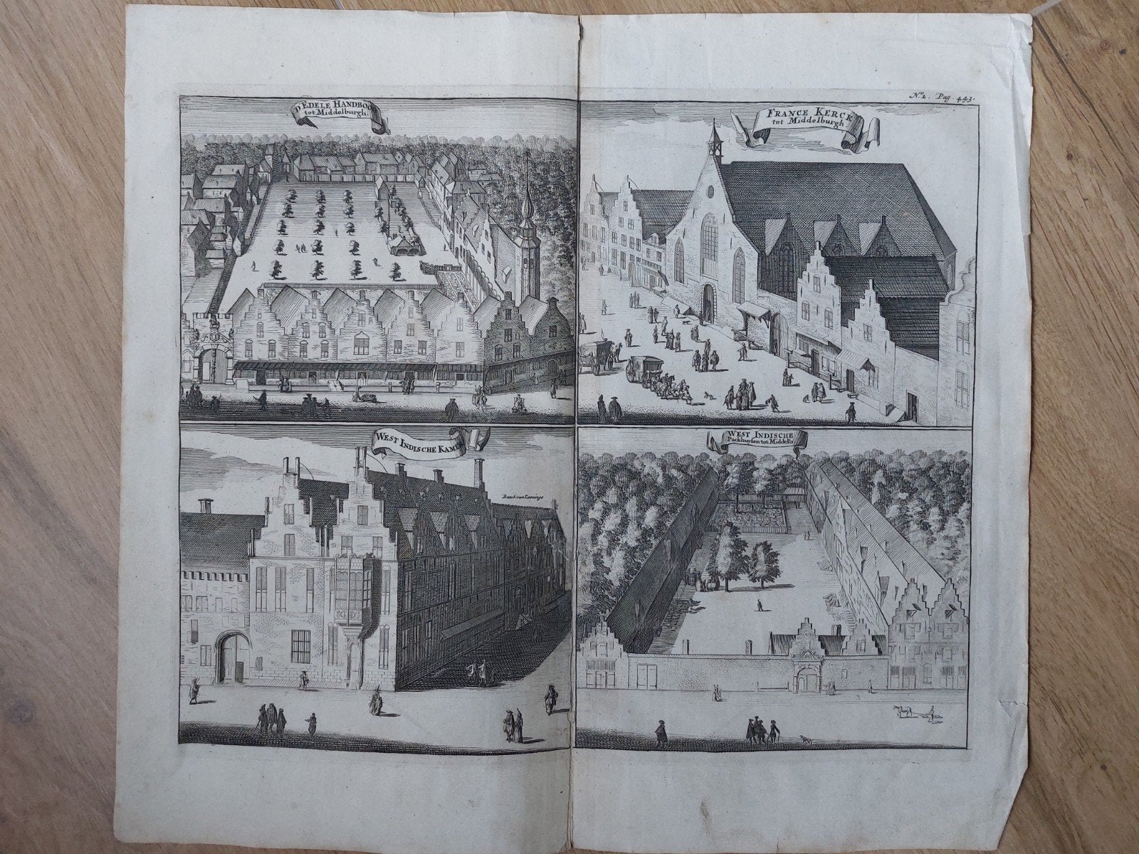 9 Edele Handboog France Kerck West Indische kamer Middelburg, 34 cm, Stadsgezicht, Gravure, 27 cm