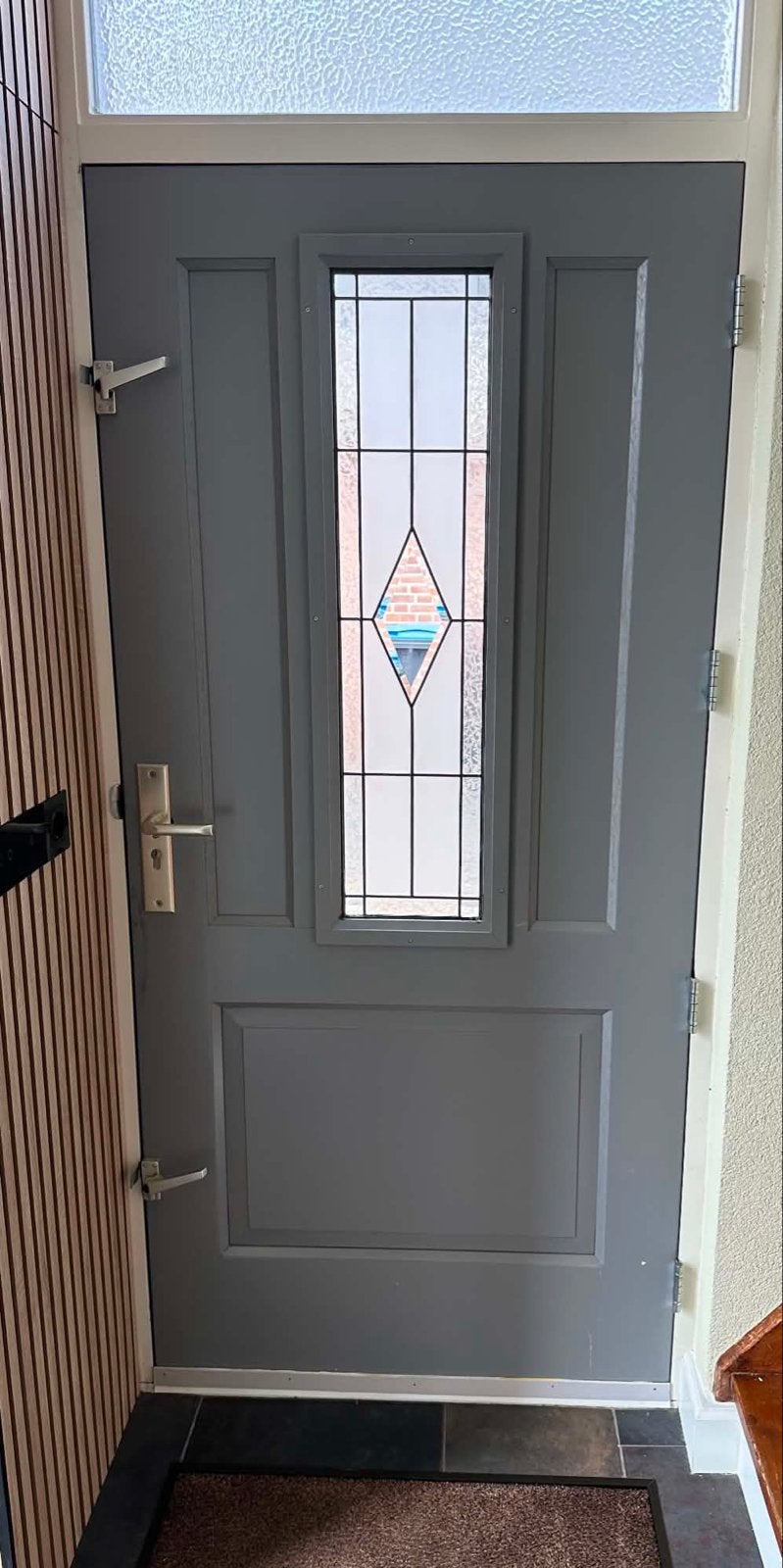 Hardhouten voordeur met glas in lood ruit,, Gebruikt, 80 tot 100 cm, Ophalen of Verzenden, Buitendeur