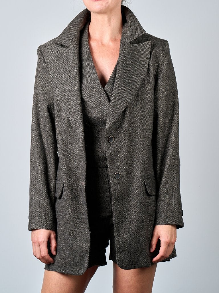 Wol Tweed Pak Set Bruin-Grijs Blazer Vest Rok Shorts M nieuw, Kleding | Dames, Maat 38/40 (M), Kostuum of Pak, Overige kleuren
