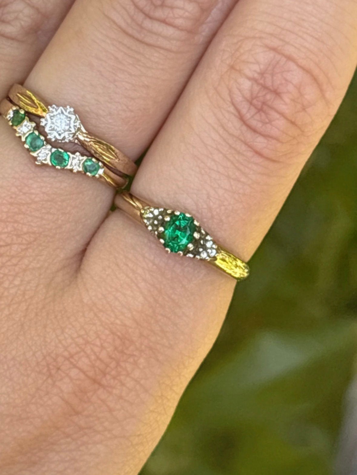 9 karaat geelgouden ring met smaragd en diamant, 18 tot 19, Zo goed als nieuw, Dame, Goud