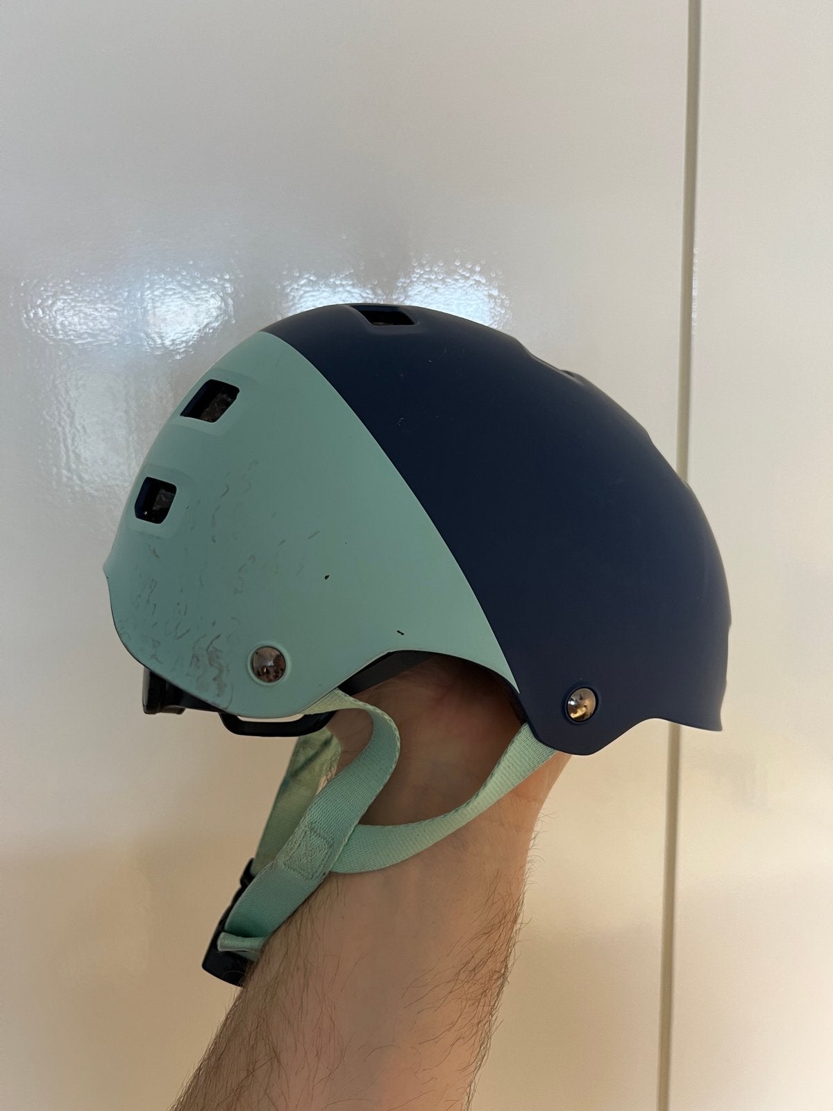 B'Twin Fietshelm Teen 520 XS 48-52 cm - Blauw/Mintgroen, Ophalen of Verzenden, Gebruikt, S