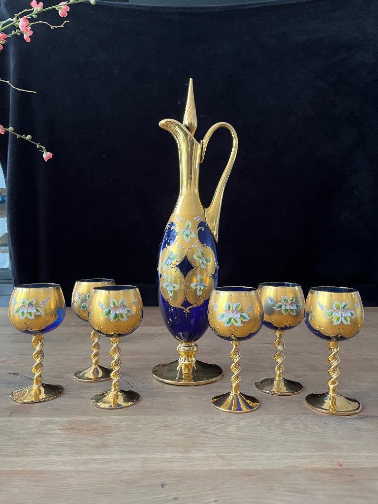Vintage Venetiaans likeurkaraf en glazen set, Ophalen
