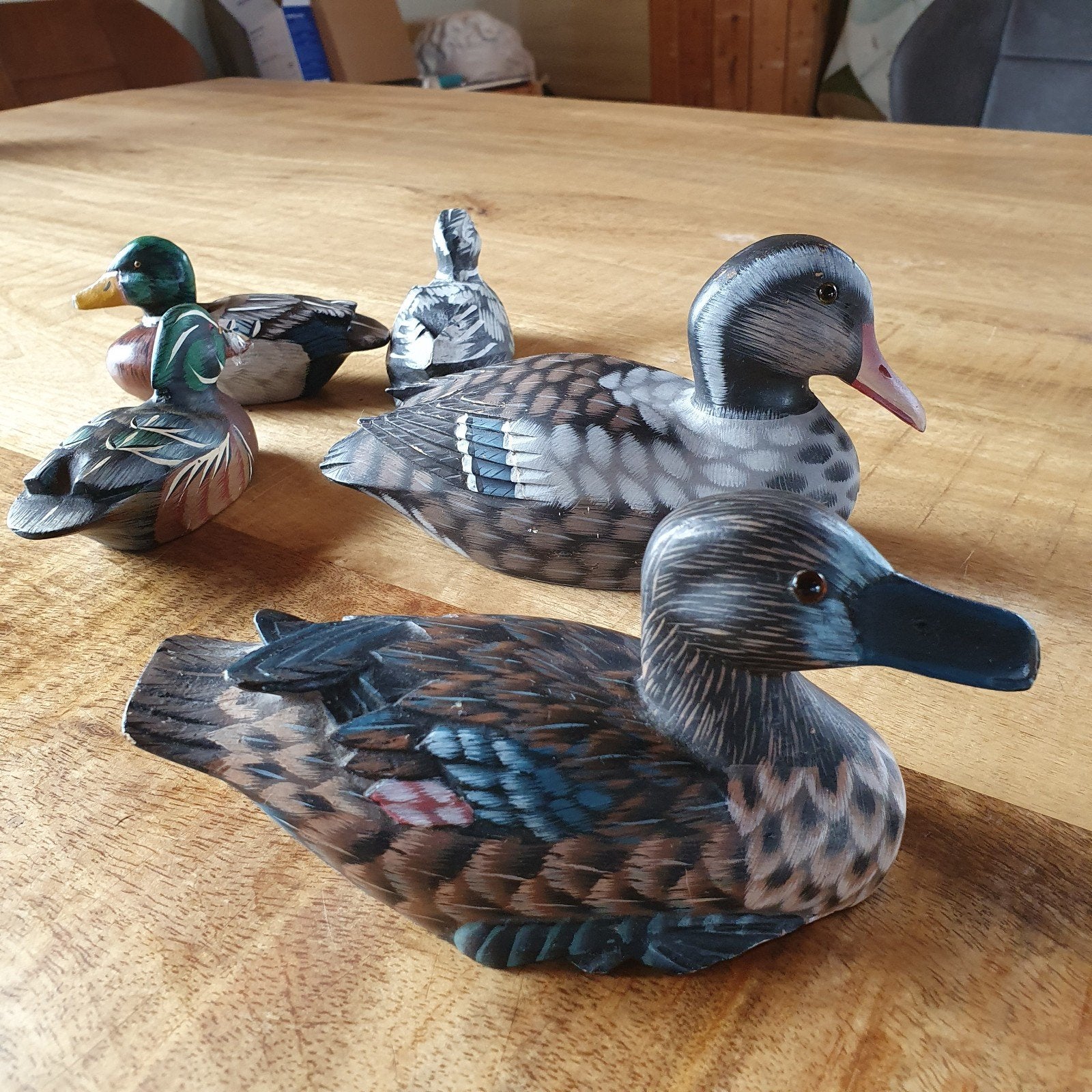 5 handbeschilderde houten eendjes, Ophalen of Verzenden, Gebruikt