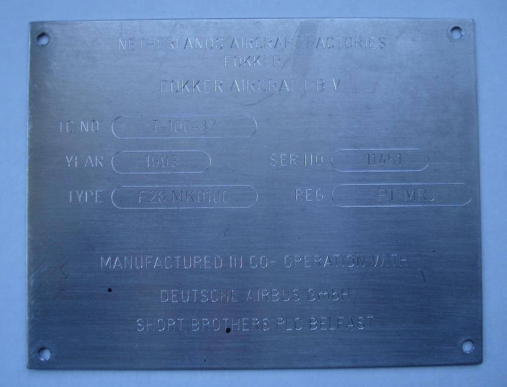 Fokker vliegtuig Airbus typeplaat fabrieksplaat 1993, Verzamelen, Luchtvaart en Vliegtuigspotten, Ophalen, Gebruikt, Overige typen