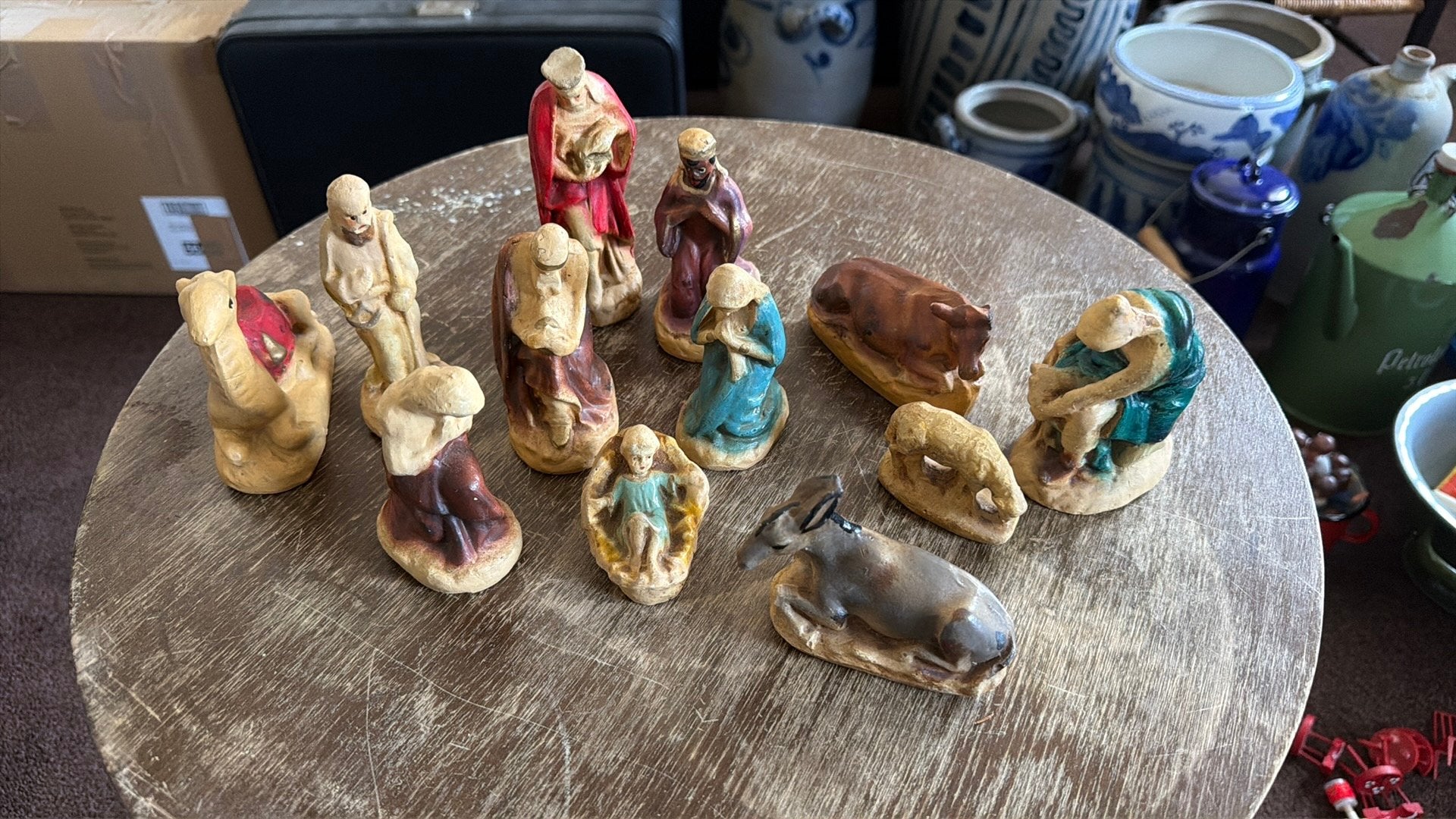 Set van 12- vintage gipsen kerstgroep uit de jaren 40/50, Ophalen, Zo goed als nieuw