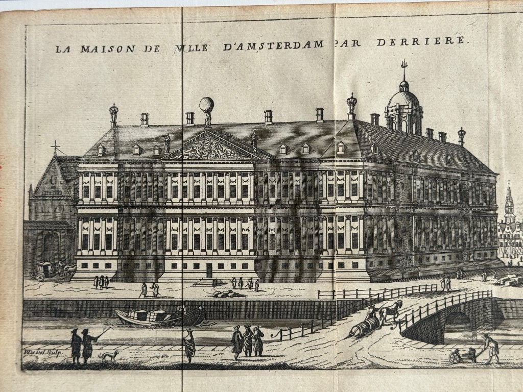 Achterzijde - Gravure Paleis op de Dam / Amsterdam - P0879, Antiek en Kunst, Kunst | Etsen en Gravures, Ophalen of Verzenden, Ets