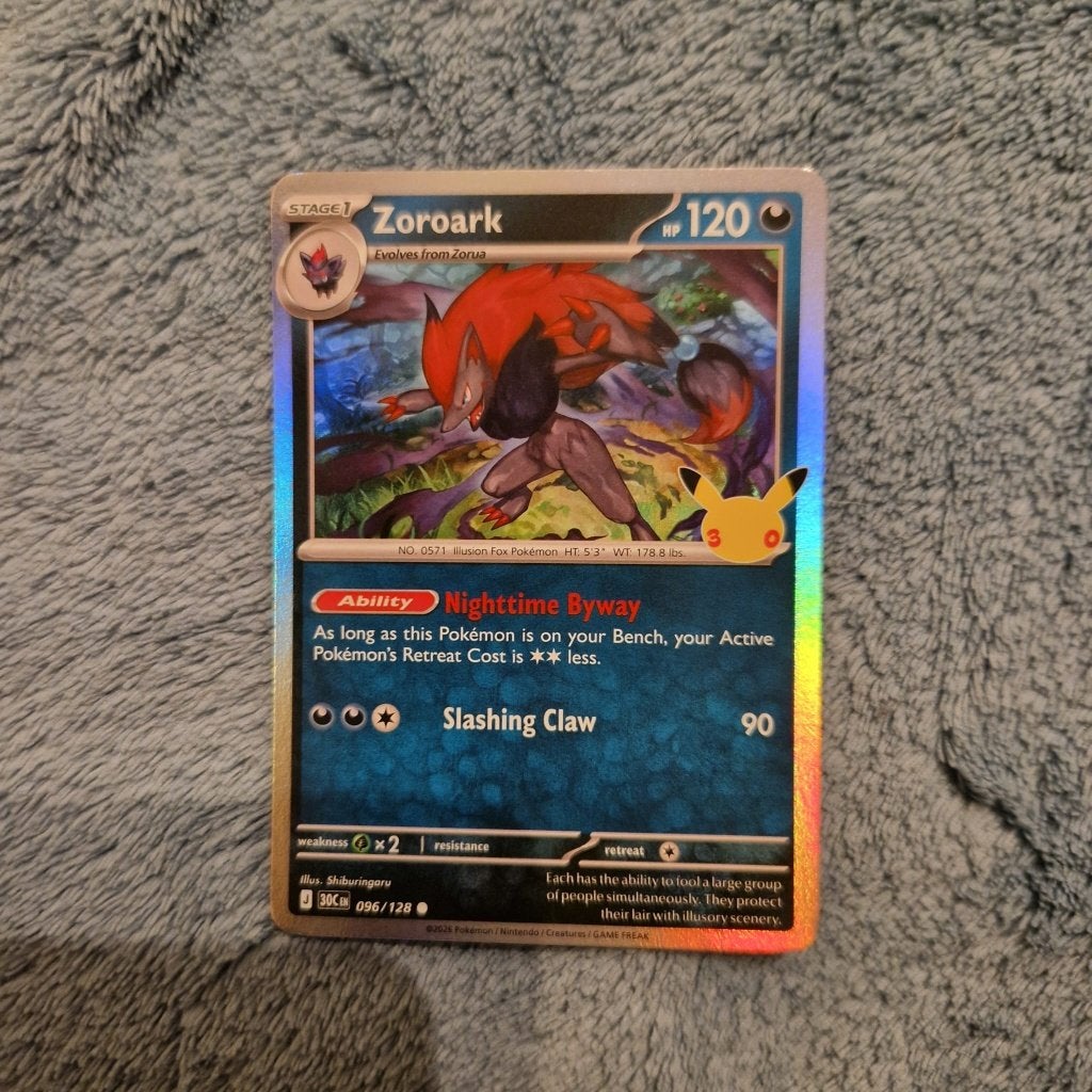 Zoroark 096/128 Pokémon 30th Celebration holo, Ophalen of Verzenden, Zo goed als nieuw, Losse kaart, Foil