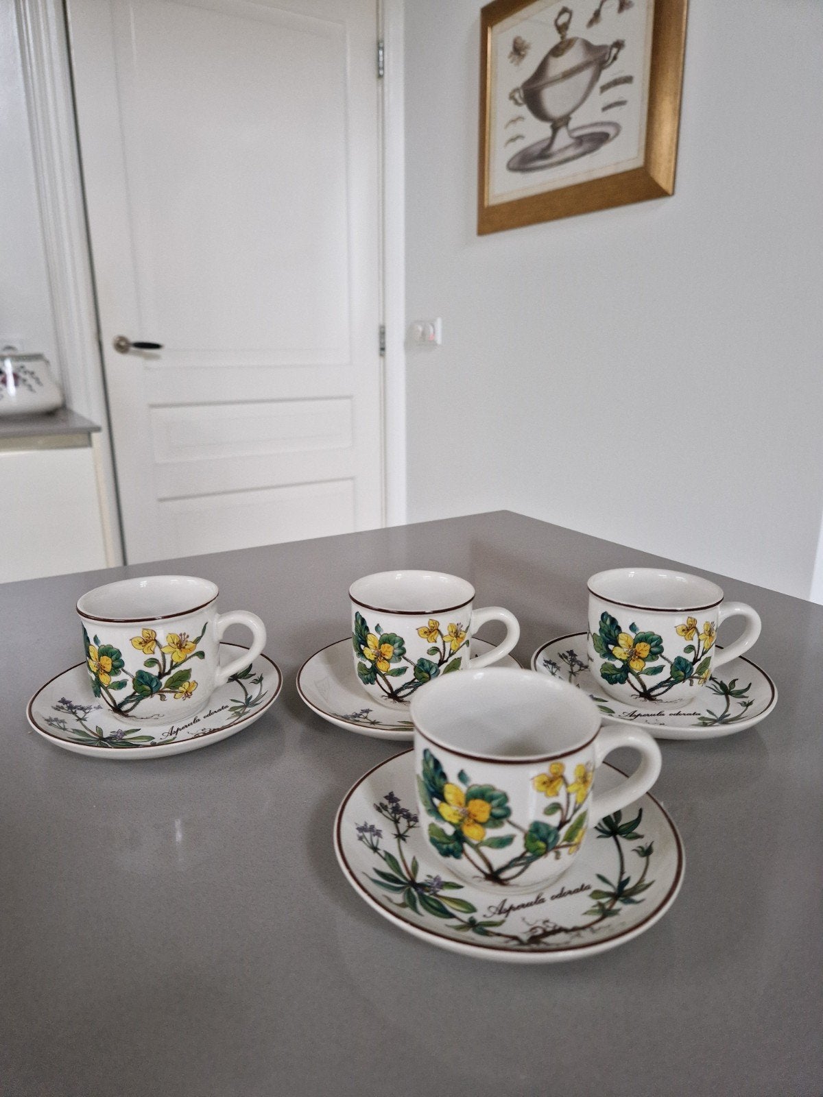 4 Espressokopjes met schotels Villeroy en Boch Botanica, Ophalen of Verzenden, Porselein, Overige stijlen, Kop(pen) en/of Schotel(s)