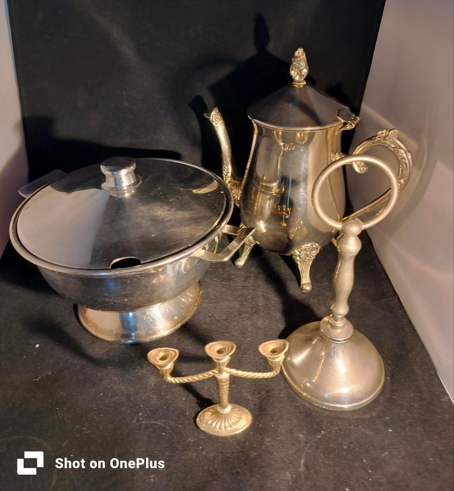Verzilverde theepot, rechaud en kandelaar set, Ophalen of Verzenden