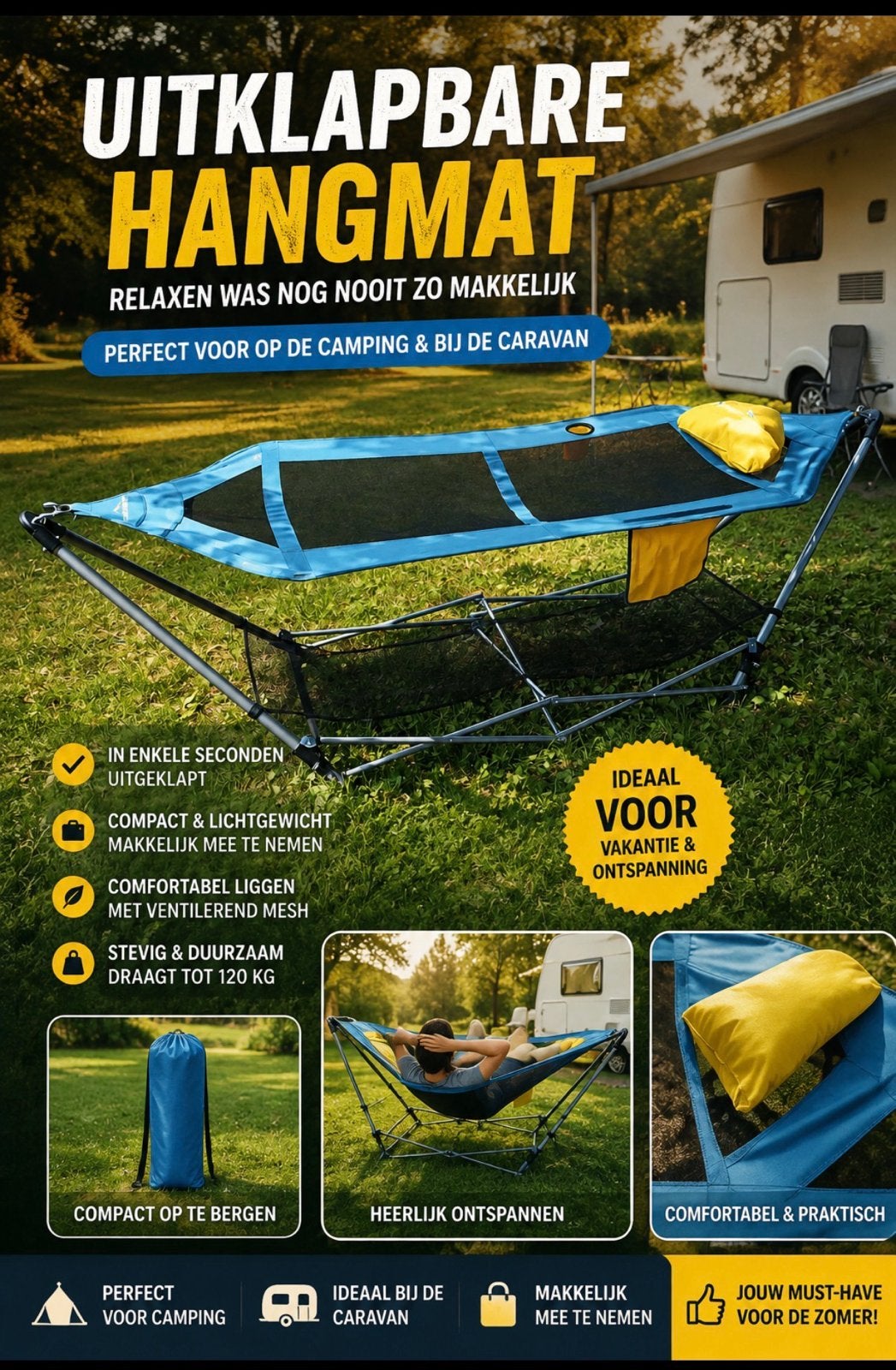 Opvouwbare Hangmat met Standaard - Ideaal voor Camping, Ophalen of Verzenden, Nieuw