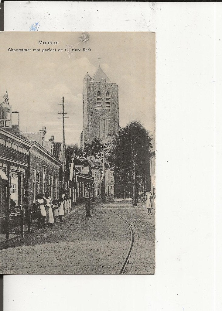 Monster Choorstraat spoor en Herv.Kerk met winkel Schouten, Ophalen of Verzenden, Voor 1920, Ongelopen, Zuid-Holland