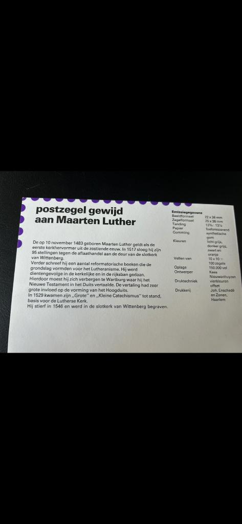 postzegelvel gewijd aan Maarten Luther, Postzegels en Munten, Ophalen of Verzenden, Na 1940, Postfris