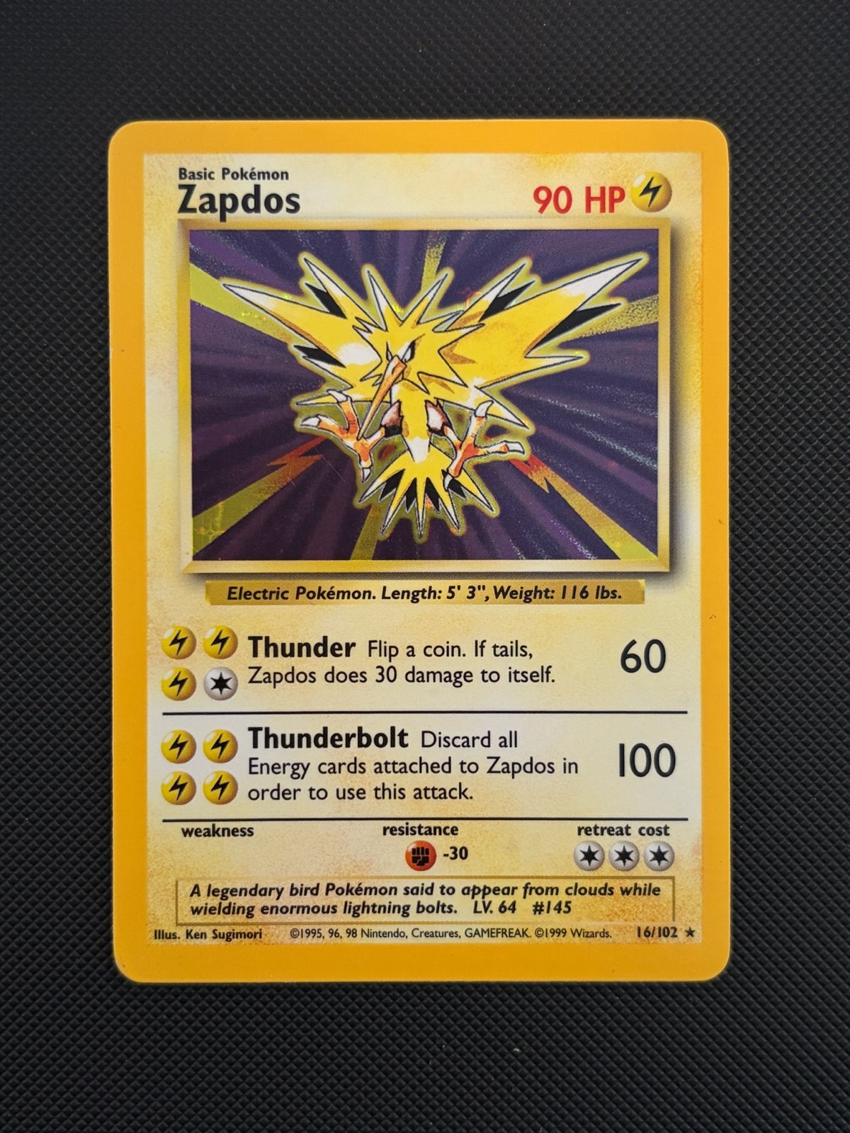 Zapdos Pokémon Kaart - Base Set 16/102 Holo, Ophalen of Verzenden, Gebruikt, Losse kaart, Foil