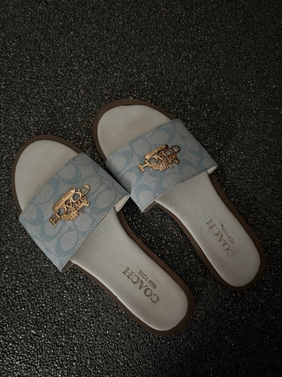Coach New York Slippers - Lichtblauw met Goudkleurig Logo, Kleding | Dames, Ophalen of Verzenden, Nieuw, Blauw, Slippers