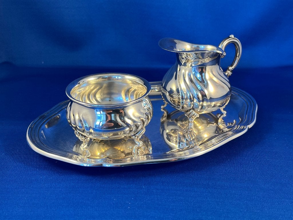 3-delig verzilverd roomstel met gravering Dorcent, Antiek en Kunst, Ophalen of Verzenden