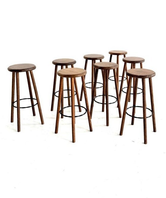 Set van 8 brutalistische barkrukken, jaren ‘80, 5 krukken of meer, Met voetsteun, 60 tot 90 cm, Ophalen of Verzenden