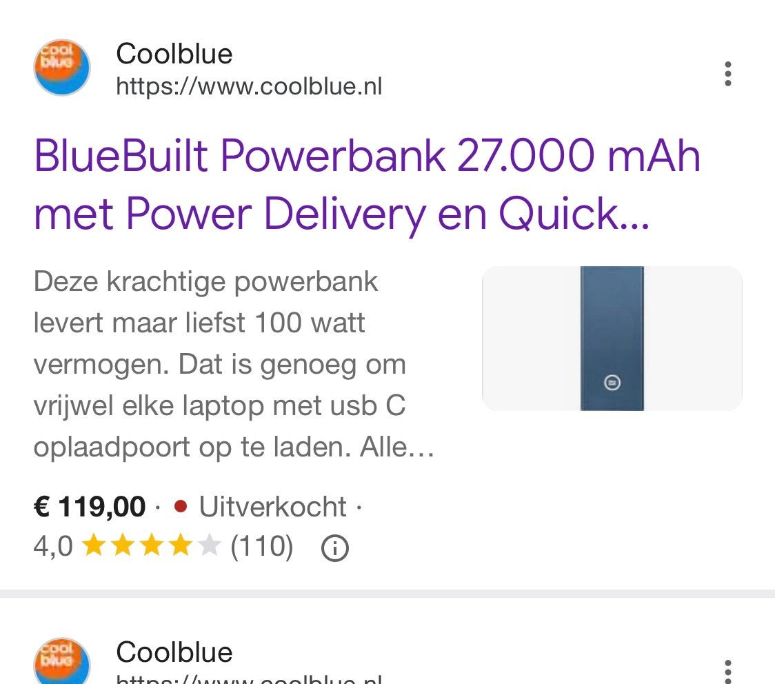 NIEUW BLUE BUILT Power bank 27000mAh 100W COOLBLUE, Ophalen of Verzenden, Nieuw