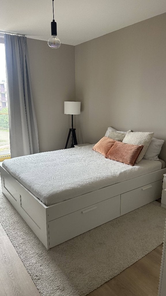IKEA BRIMNES bed 160x200 met opberglades + Hamarvik matras, Ophalen, Wit, Tweepersoons, Zo goed als nieuw
