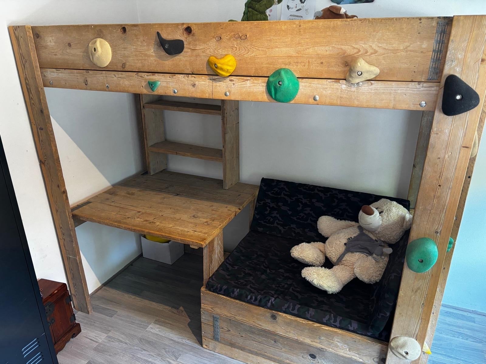 Steigerhouten Hoogslaper met Bureau, Bankje en Klimwand, Ophalen, 100 cm, Hoogslaper, Eenpersoons