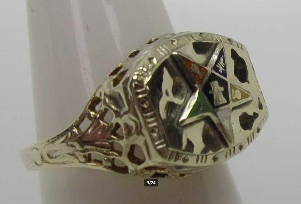 Antieke 10K OES-ring – vrijmetselarij – geëmailleerd embleem, Verzenden, Goud, Ring, Met edelsteen