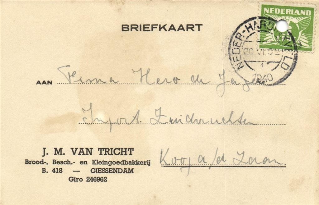J.M. van Tricht, Giessendam - 06.1940 - briefkaart - 1940 ge, Postzegels en Munten, Ophalen of Verzenden, Briefkaart
