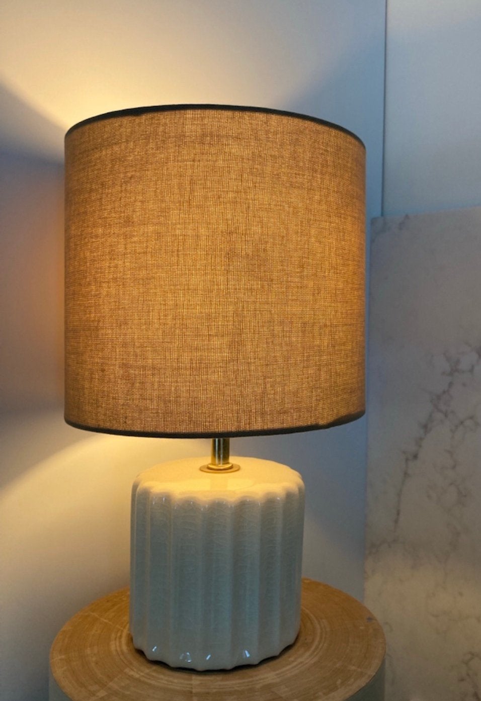 😍Linnen beige tafellamp lampenvoet geglazuurd keramiek goud, Beige, Art deco, Textiel, Ophalen of Verzenden