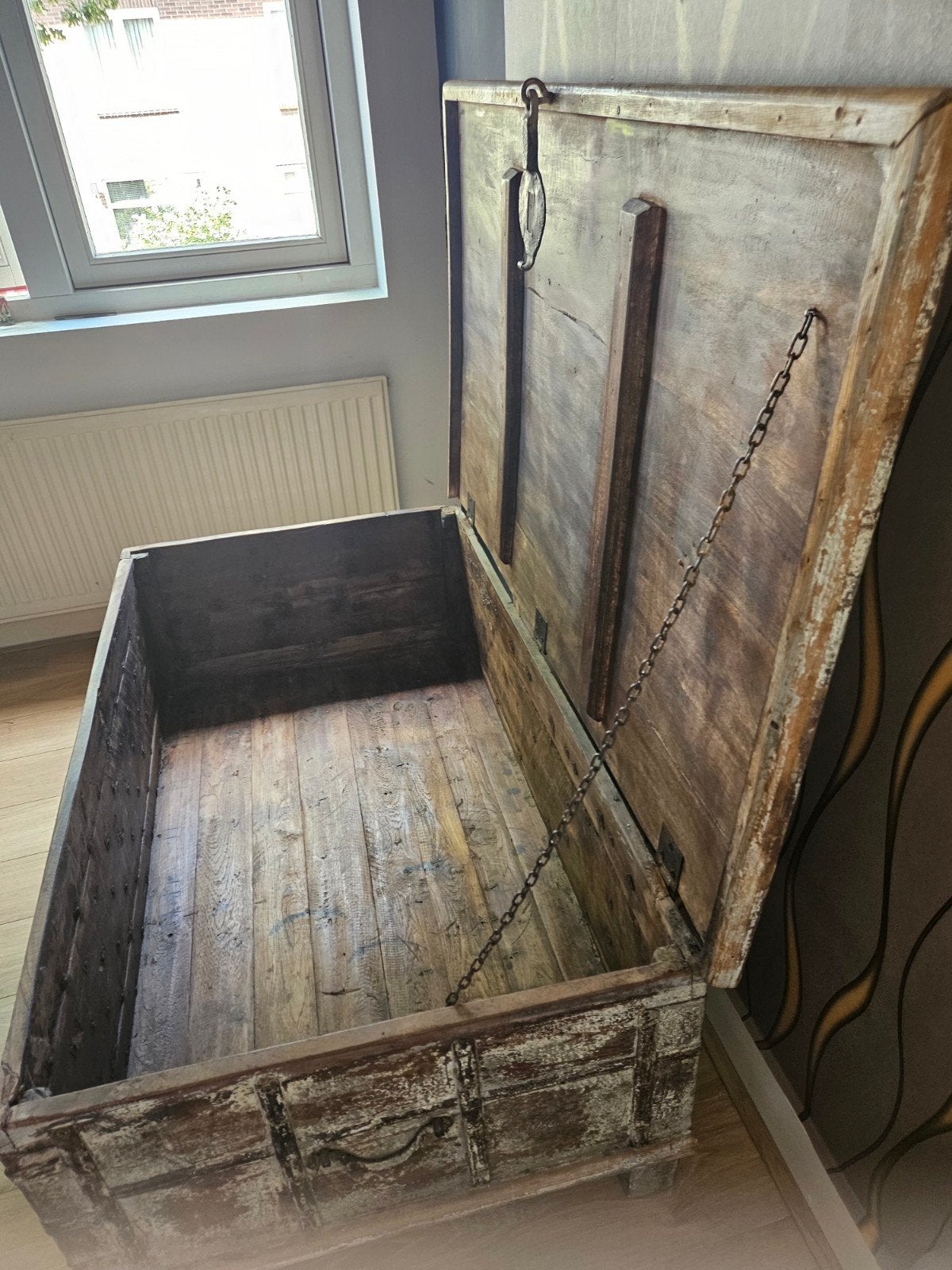 Vintage houten kist - 120x71x48 cm, Ophalen, 100 tot 150 cm, Zo goed als nieuw, Eikenhout