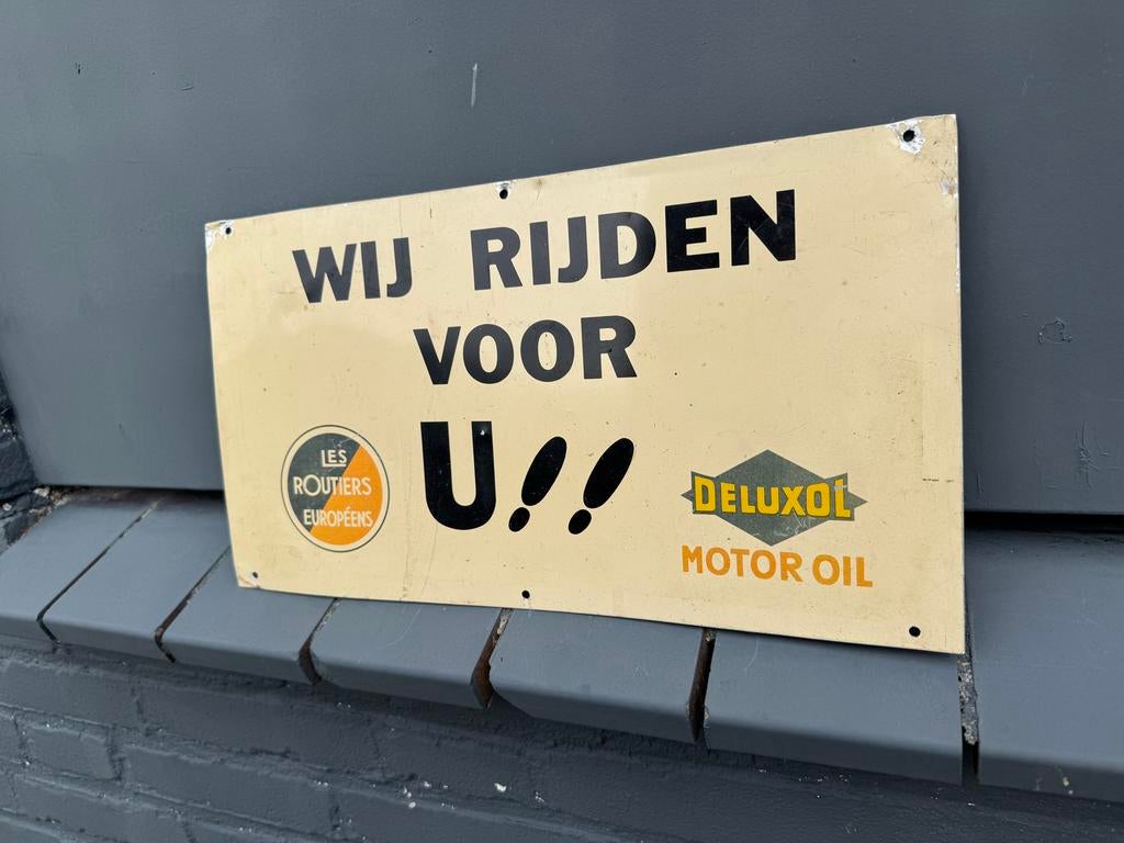 Vintage Reclamebord 'Wij Rijden Voor U!!' Deluxol, Reclamebord, Gebruikt, ., Ophalen of Verzenden