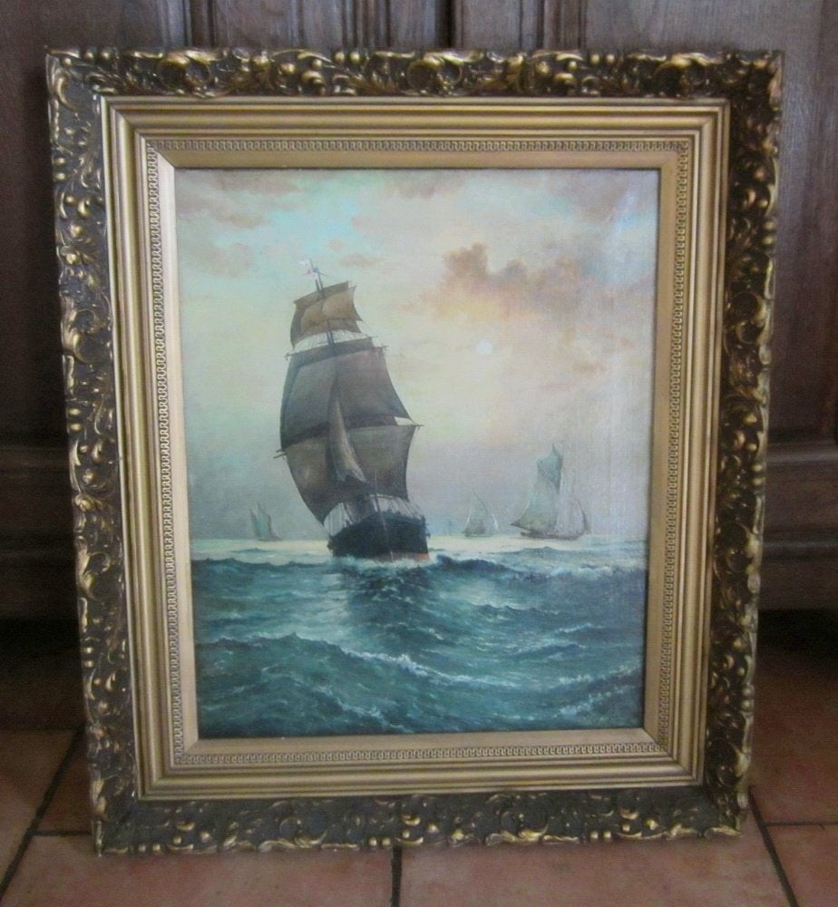 Antieke olieverf schilderij op doek: Marine, boten; 1933, Ophalen, Maritiem / water, Doek, Gedateerd
