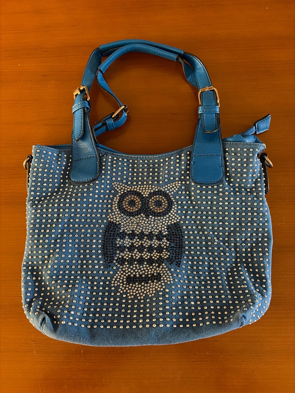 Blauwe handtas met uil en strass steentjes, Verzenden, Gebruikt, Blauw, Handtas