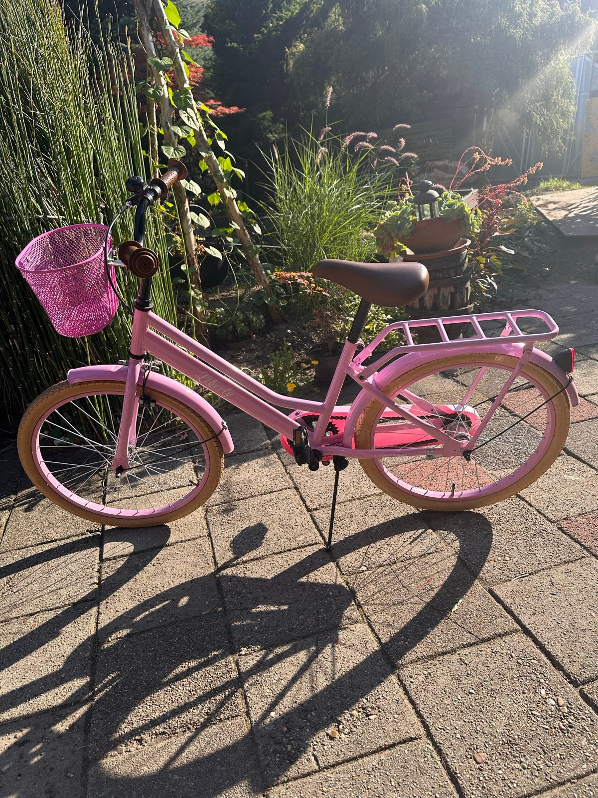 Roze kinderfiets 22 inch met mandje en bagagedrager, Ophalen, Gebruikt, Terugtraprem, 20 inch of meer