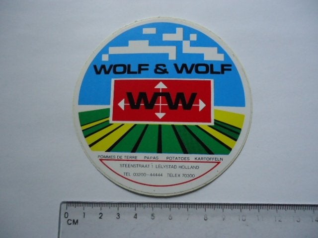 sticker oud WOLF & WOLF Aardappel landbouw boer lelystad, Verzenden, Zo goed als nieuw, Bedrijf of Vereniging