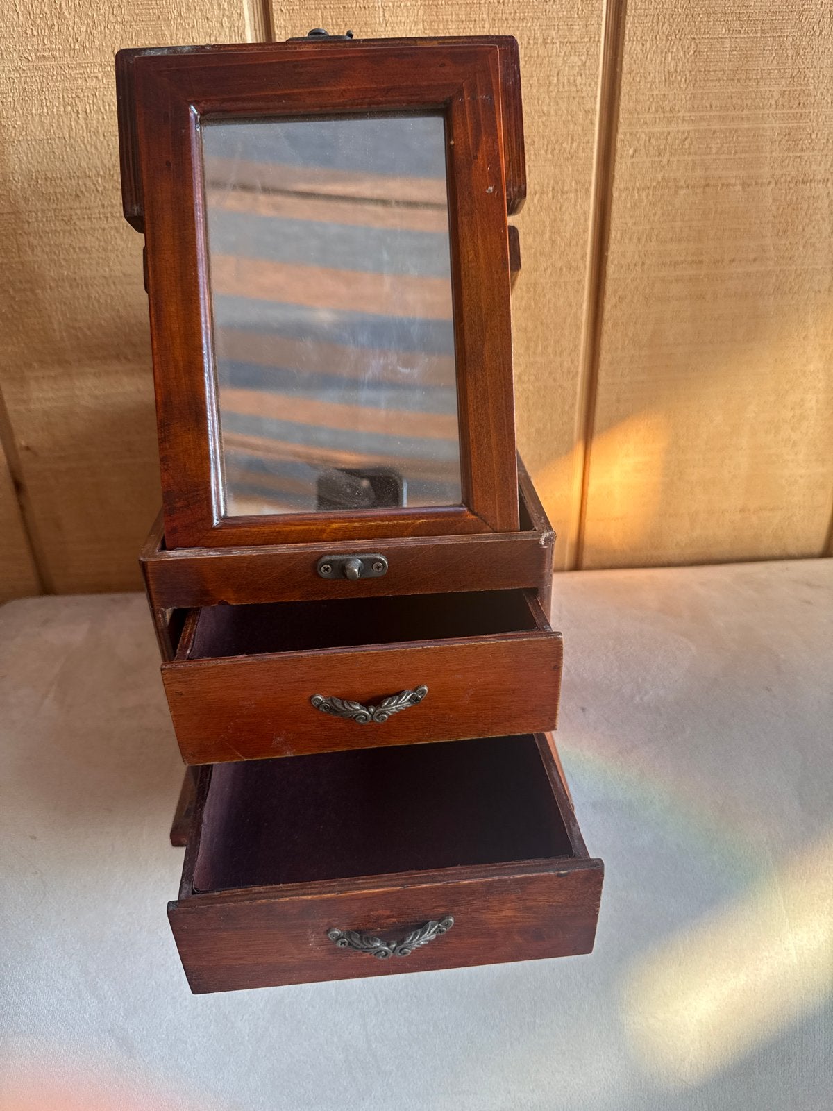 Vintage houten juwelendoos met spiegel en lades, Ophalen of Verzenden