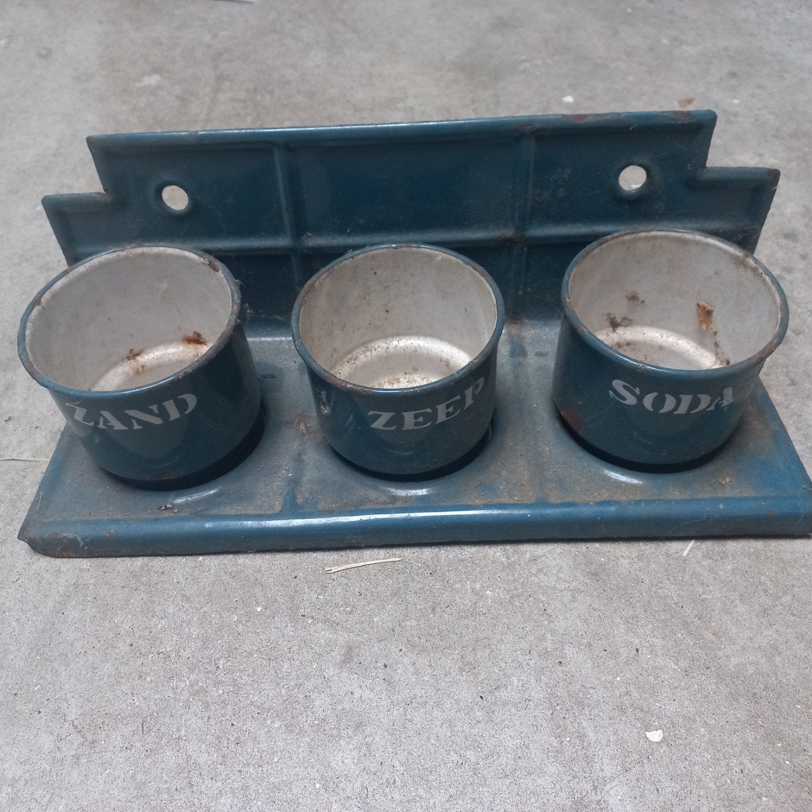 Vintage Emaille Rekje met Potjes voor Zand, Zeep, Soda, Antiek en Kunst, Ophalen of Verzenden