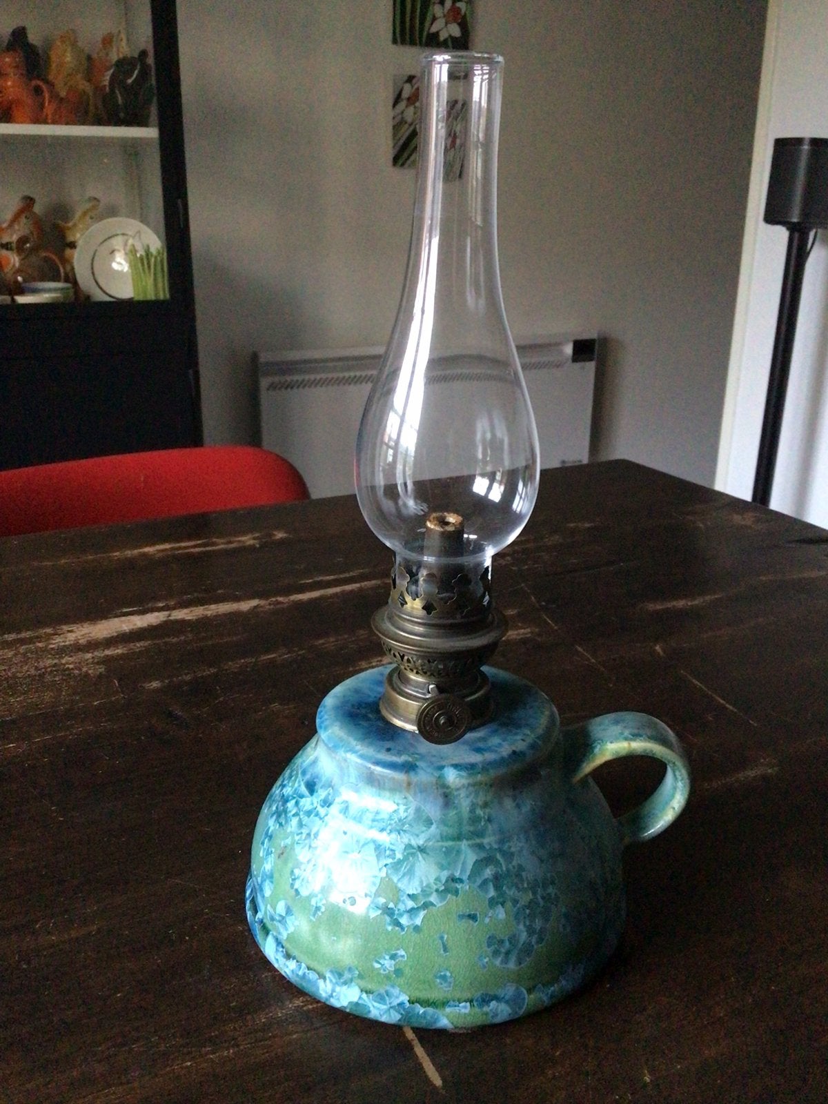 Olielamp keramiek groen turquoise blauw, Huis en Inrichting, Blauw, Overige stijlen, Ophalen of Verzenden, Zo goed als nieuw