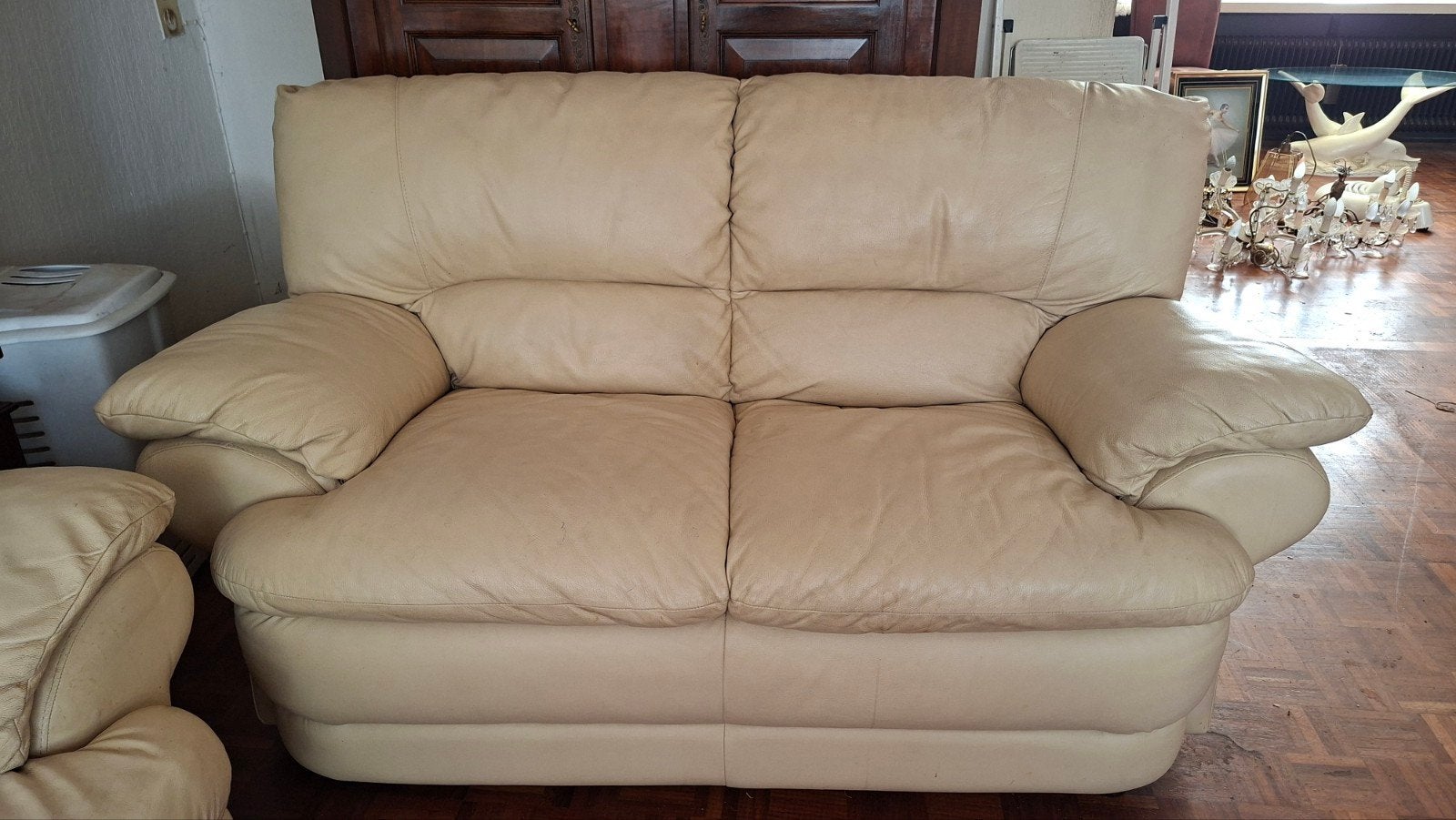 Bankstel met 2 fauteuils - Crèmekleurig leer, Huis en Inrichting, Ophalen, Gebruikt, 150 tot 200 cm, Driepersoons