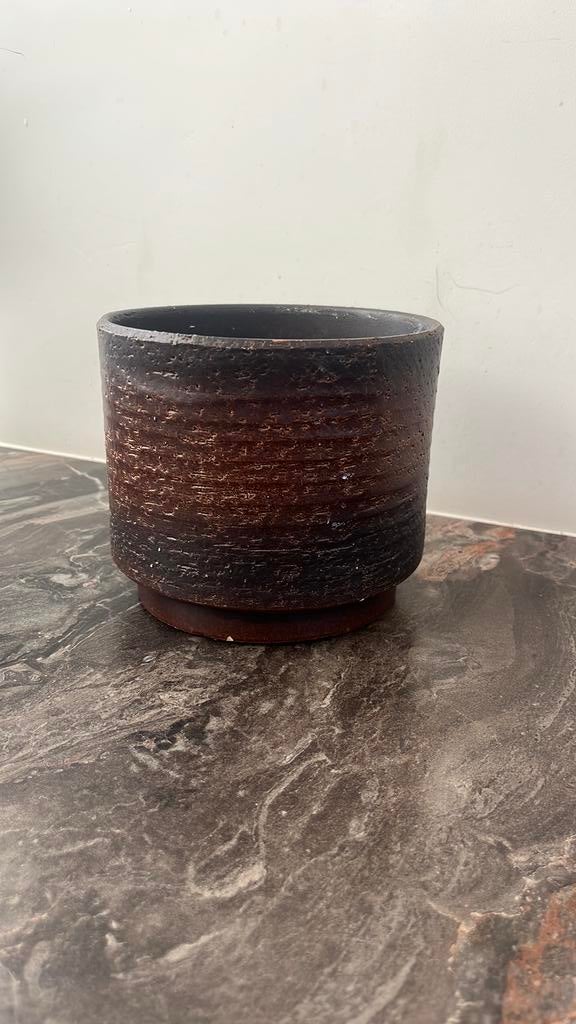Stoere keramieken bloempot – bruin/zwart vintage look, ., Rond, Ophalen of Verzenden, Zo goed als nieuw
