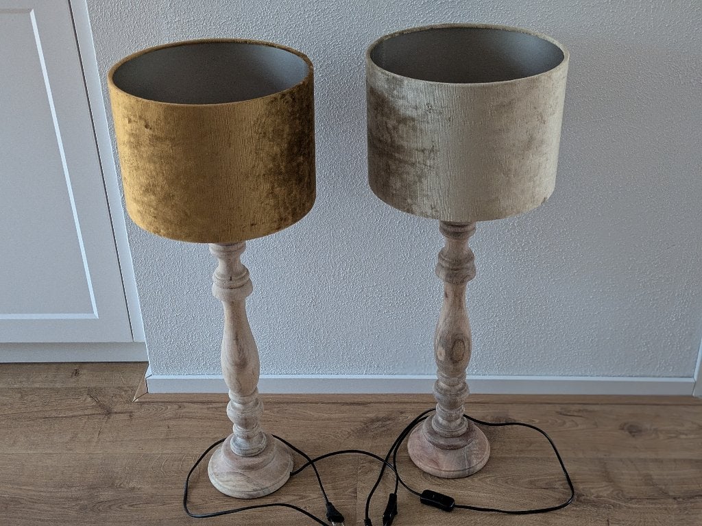 Light & Living Tafellamp Hout - Velours Kap Goud / Messing, Met kap, Overige kleuren, Landelijk, Light & Living