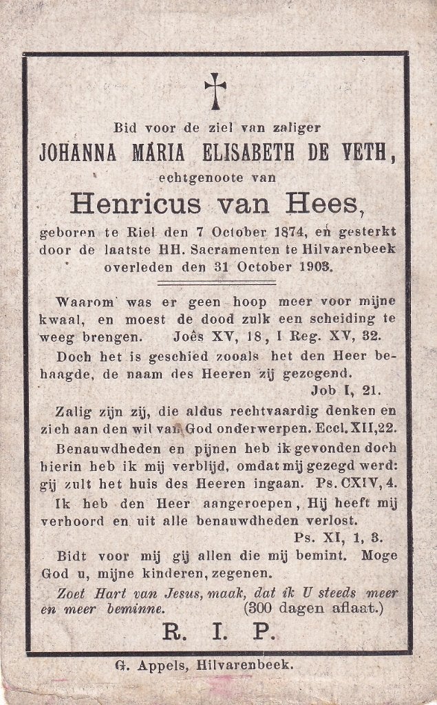 Veth Johanna 1874 Riel 1903 Hilvarenbeek, Ophalen of Verzenden, Bidprentje