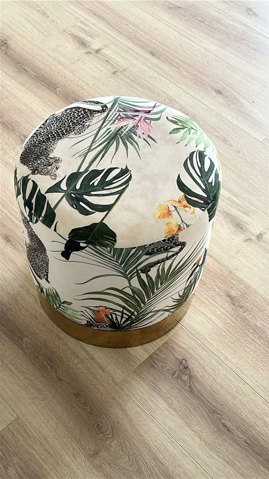Poef krukje goud met jungle stof, Huis en Inrichting, Ophalen, Minder dan 50 cm, Gebruikt, 125 cm of meer