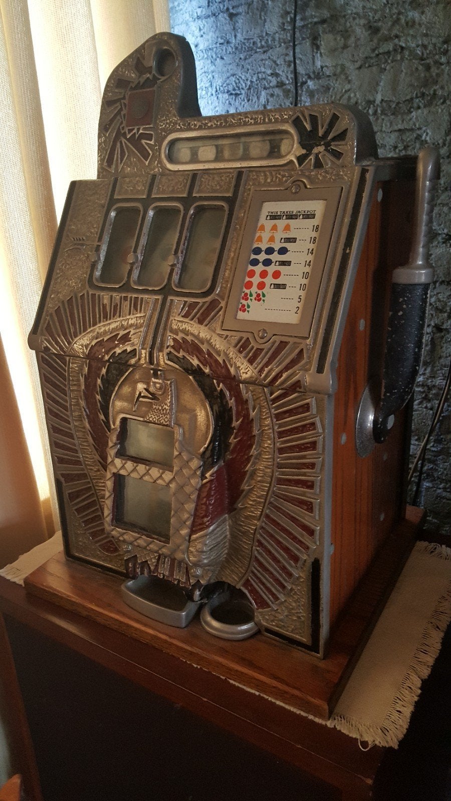 Mechanische slotmachine, Verzamelen, Automaten | Gokkasten en Fruitautomaten, Overige munten, Ophalen, Zo goed als nieuw, Met sleutels