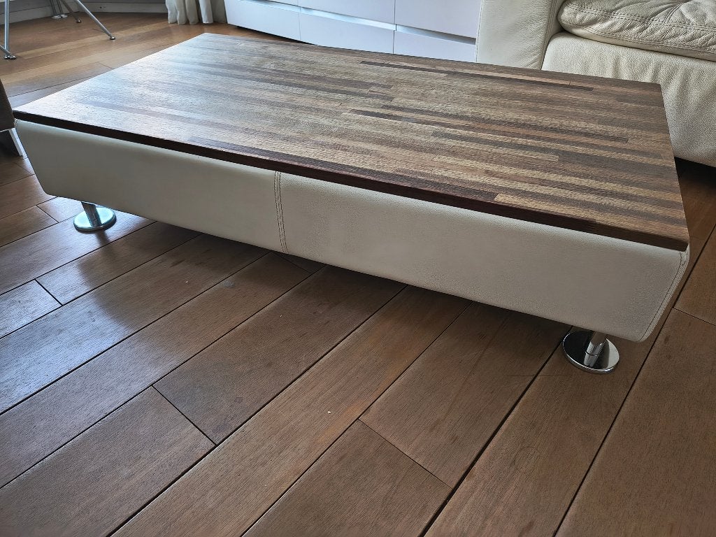 Salontafel van montel, hout met echt leder en metalen poten, Ophalen, Gebruikt, 100 tot 150 cm, 50 tot 100 cm