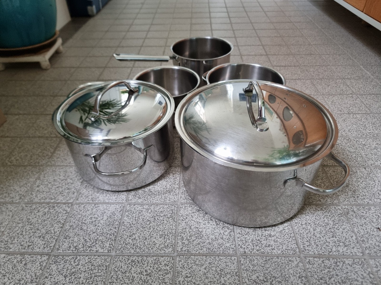 Pannenset Cusimax 5 delen RVS plus 8 liter soeppan, Gebruikt, Pannenset, Ophalen of Verzenden, Rvs