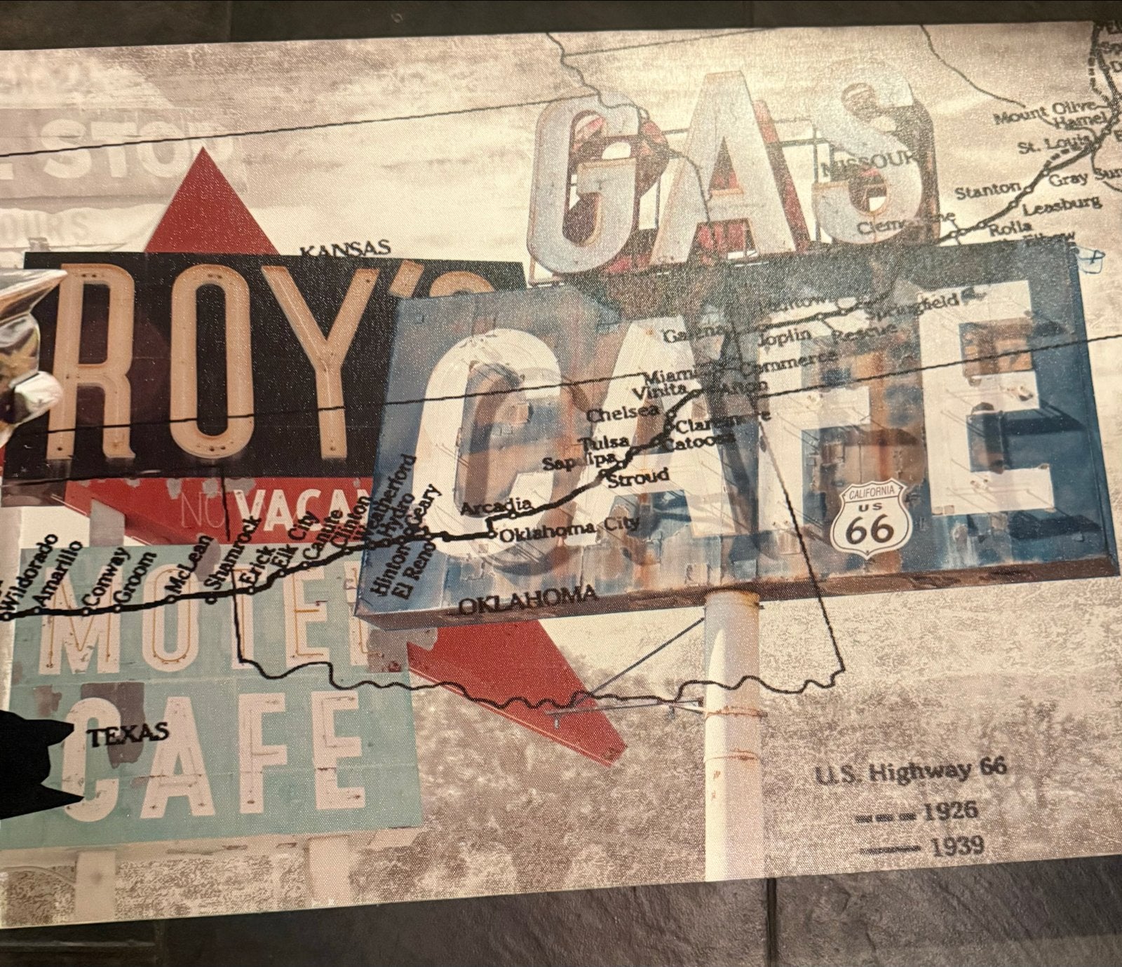 Route 66 Canvas Schilderij - Vintage Auto & Kaart, Ophalen, 125 cm of meer, Zo goed als nieuw, Schilderij