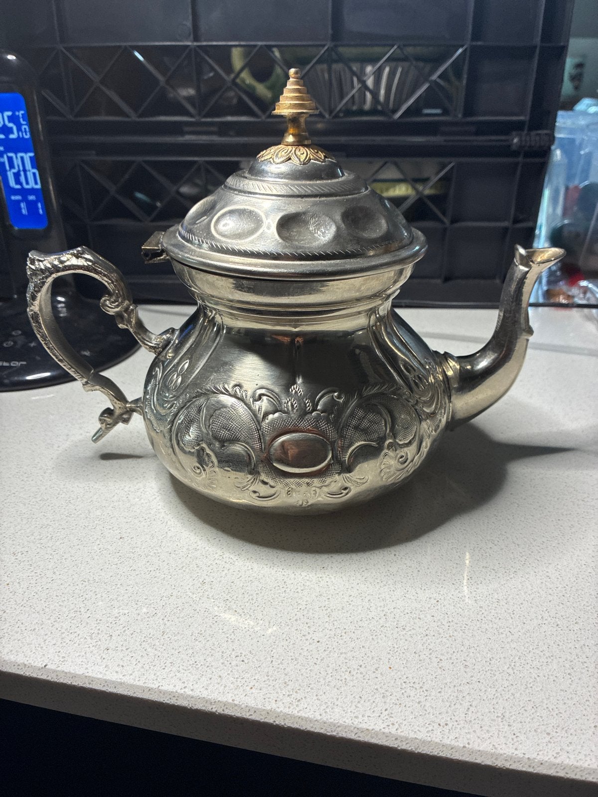 Zwaar vergulde zilveren theepot, Marokkaanse stijl, Ophalen of Verzenden, Zilver
